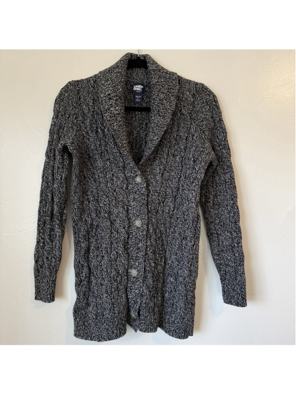 Lands’ End Cable Knit Button Long Cardigan Sweater Black & White Marled Size XS